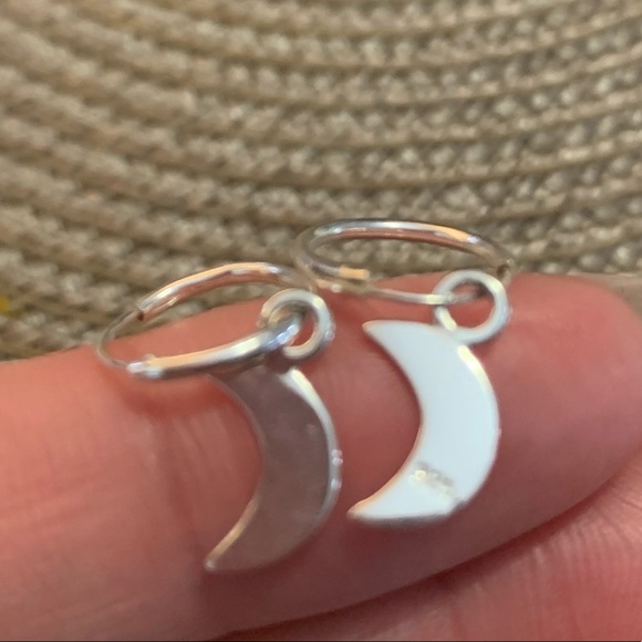 925 Sterling Silver Moon Charm Hoop Earrings - Picture 2 of 3